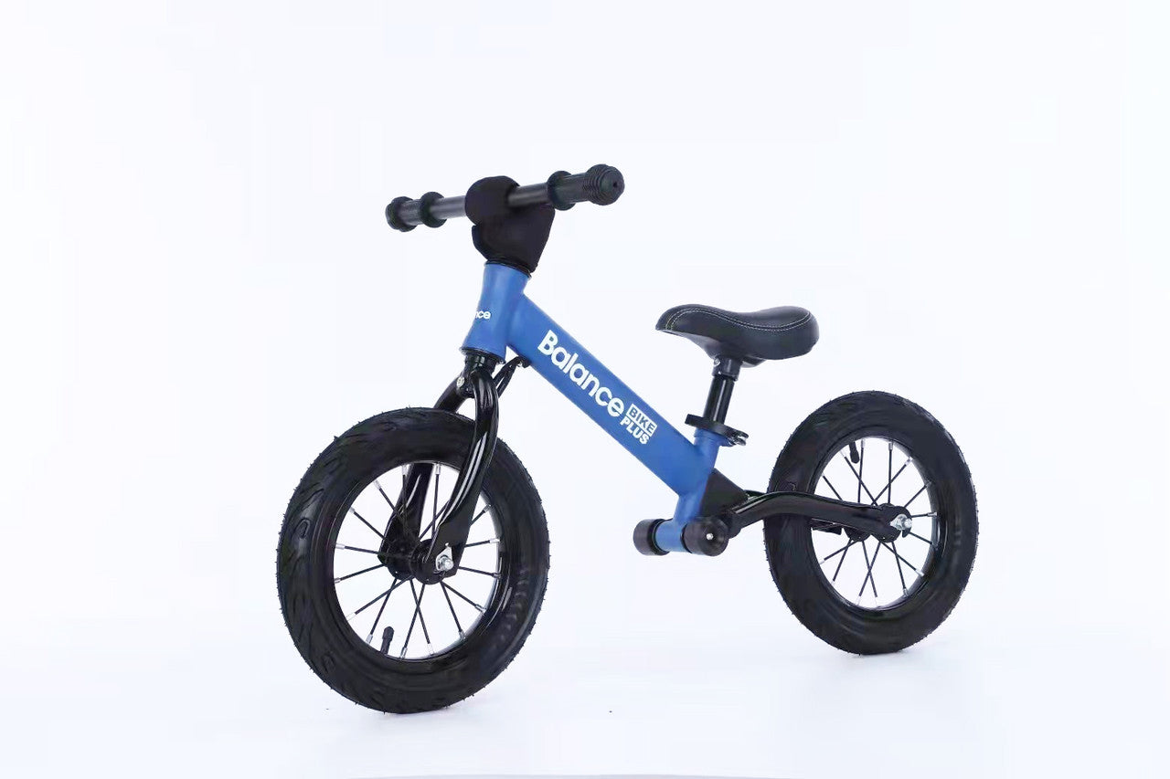 Bike Plus Kids Balance Bike Training Aluminium - Blue with Suspension - 12 Rubber Tyres - Foot Pegs -Ride On No Pedal Push"