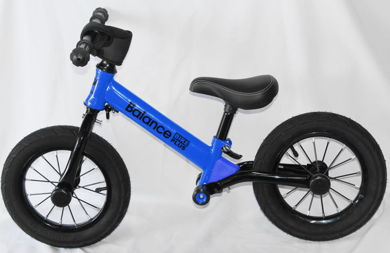 Bike Plus Kids Balance Bike Training Aluminium - Blue with Suspension - 12 Rubber Tyres - Foot Pegs -Ride On No Pedal Push"