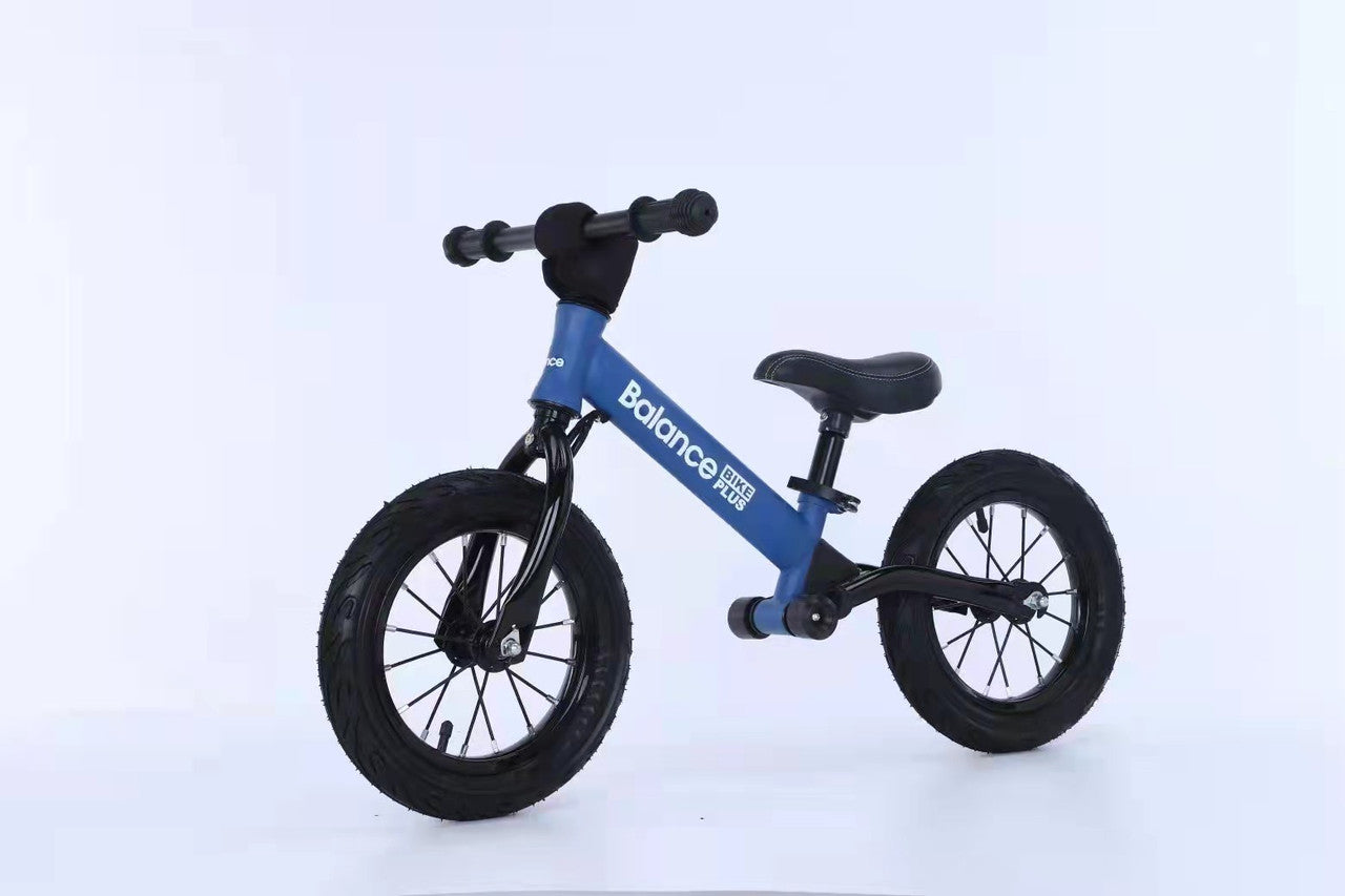 Bike Plus Kids Balance Bike Training Aluminium - Blue with Suspension - 12 Rubber Tyres - Foot Pegs -Ride On No Pedal Push"