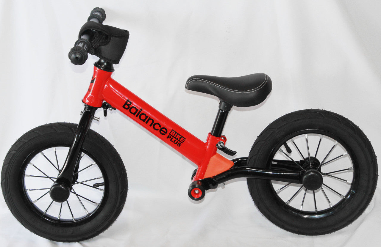 Bike Plus Kids Balance Bike Training Aluminium - Red with Suspension - 12 Rubber Tyres - Foot Pegs -Ride On No Pedal Push"