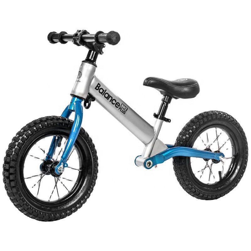 Bike Plus Kids Balance Bike Training Aluminium - Silver with Suspension - 12 Rubber Tyres - Foot Pegs -Ride On No Pedal Push"