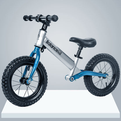 Bike Plus Kids Balance Bike Training Aluminium - Silver with Suspension - 12 Rubber Tyres - Foot Pegs -Ride On No Pedal Push"