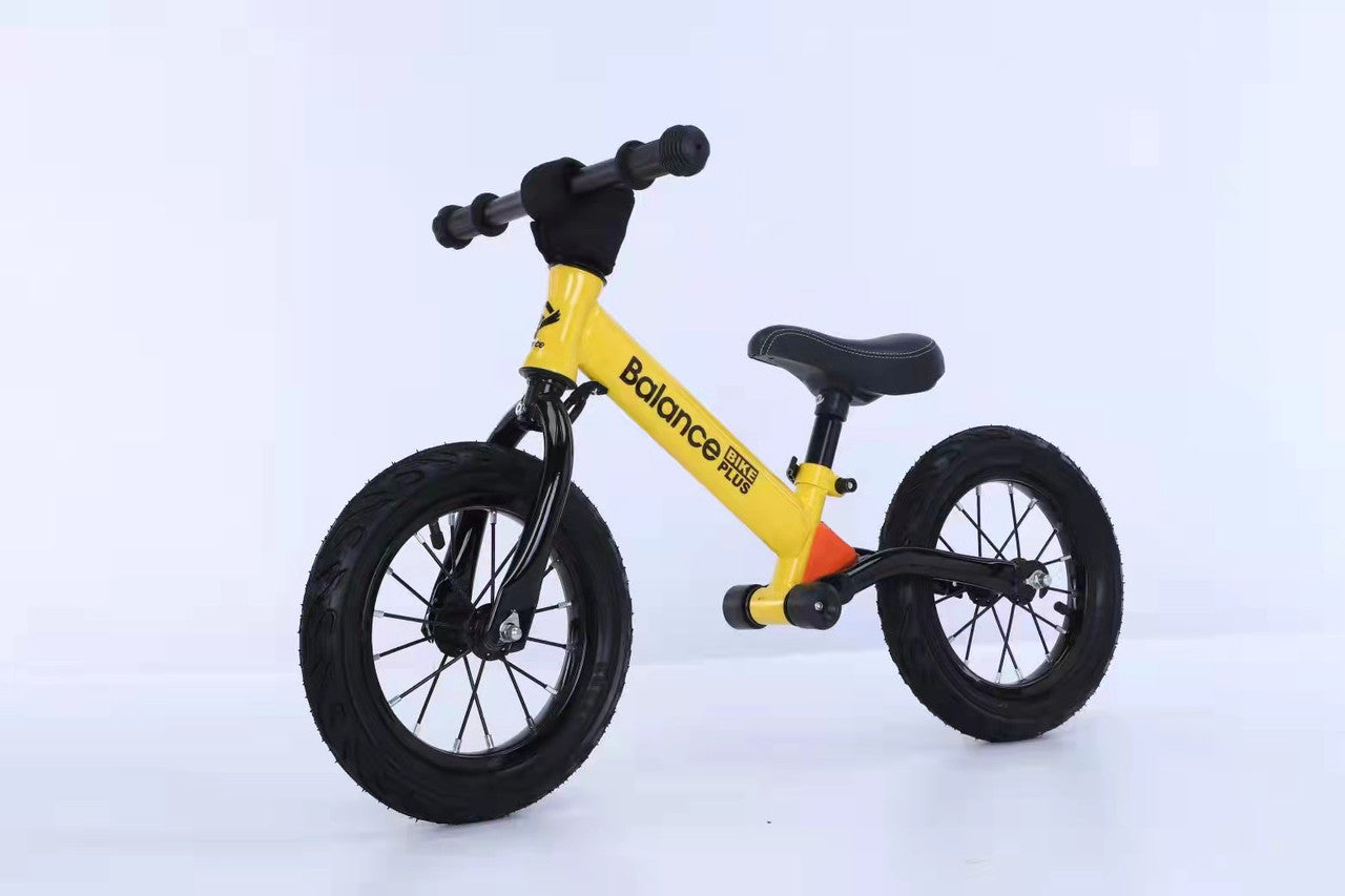 Bike Plus Kids Balance Bike Training Aluminium - Yellow with Suspension - 12 Rubber Tyres - Foot Pegs -Ride On No Pedal Push"